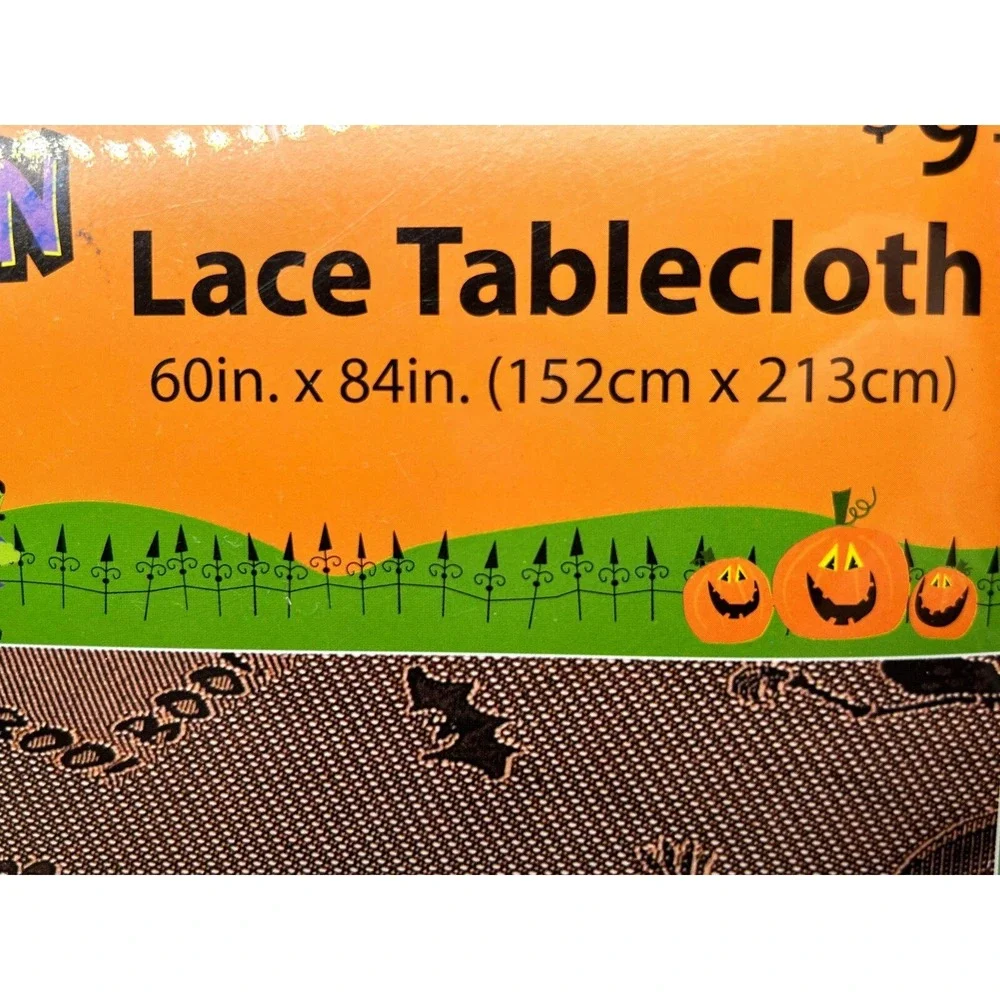 Halloween Alley Black Lace Dancing Skeleton Pumpkin Tablecloth 60in‎ X 84in